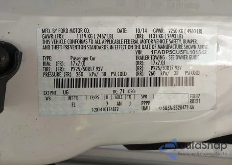 2015 Ford C-Max Energi Sel z USA, uszkodzony, nr VIN 1FADP5CU5FL101542